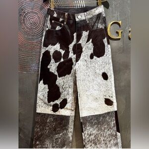 2nd day genuine leather Cow print Patchwork Pants - Brown & White size EU 32